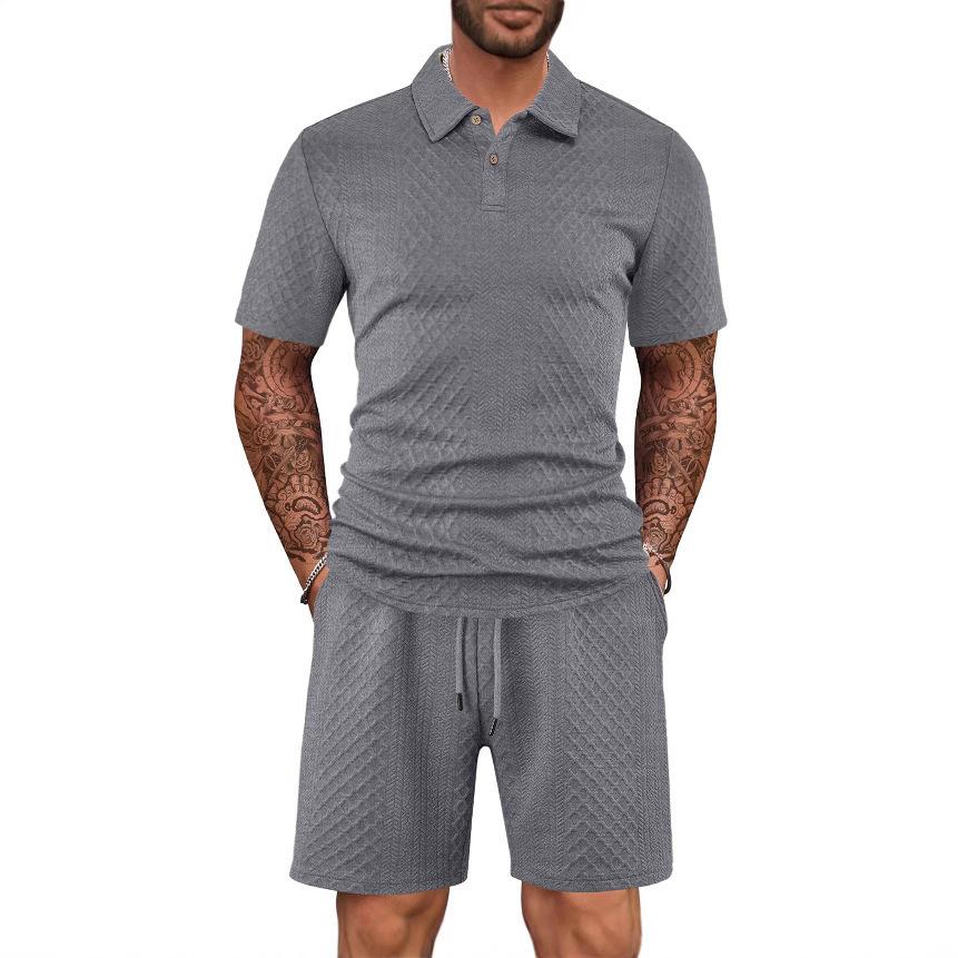 TK Hot Sale Men's Casual Suit Lapel Jacquard Textured Short Sleeve POLO Shirt Drawstring Pants Suit