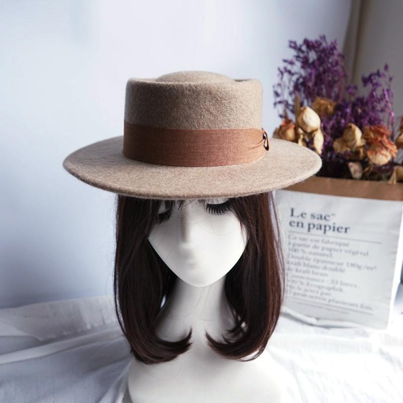 French Retro Elegant Mocha Oat Mixed Camel Flat Top Top Hat Women'S Autumn And Winter British Wool Felt Foreign Trade