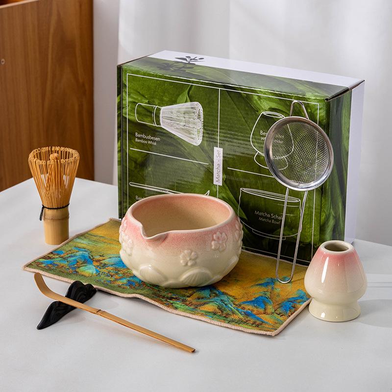 4-8pcs Cherry Blossom gradient pink Matcha Bowl with Matcha Whisk Set Japanese Tea Set Includes Matcha Bowl with Spout