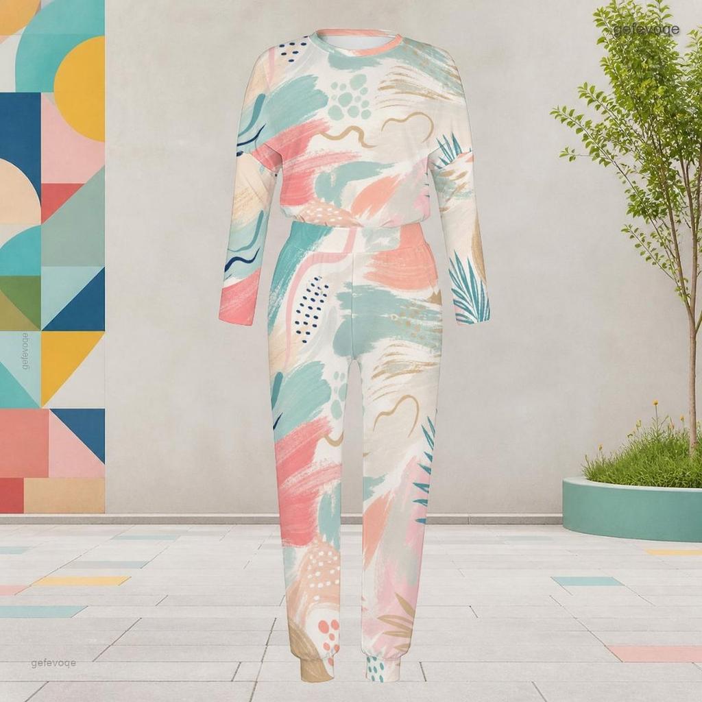 Women Plus Size Printed Round Neck Long Sleeve Two Piece Set Cuffed Top And Pants With Pockets