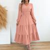 Women Elegant Solid Color Pom Pom Long Sleeve High Waist Ruffled A Line Long Dress