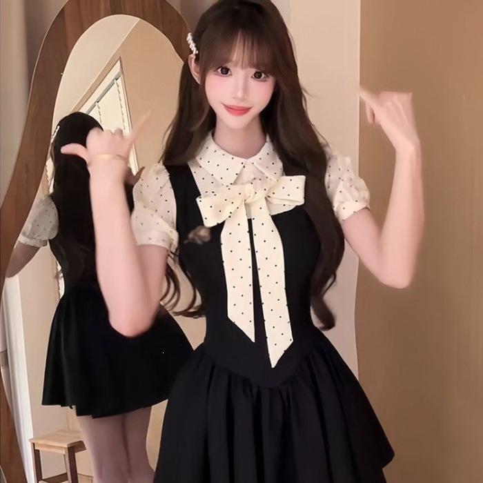 French College Style Fake Two-piece Dress Women's Summer Niche Temperament Polka Dot Fluffy Princess Dress Women's Clothing