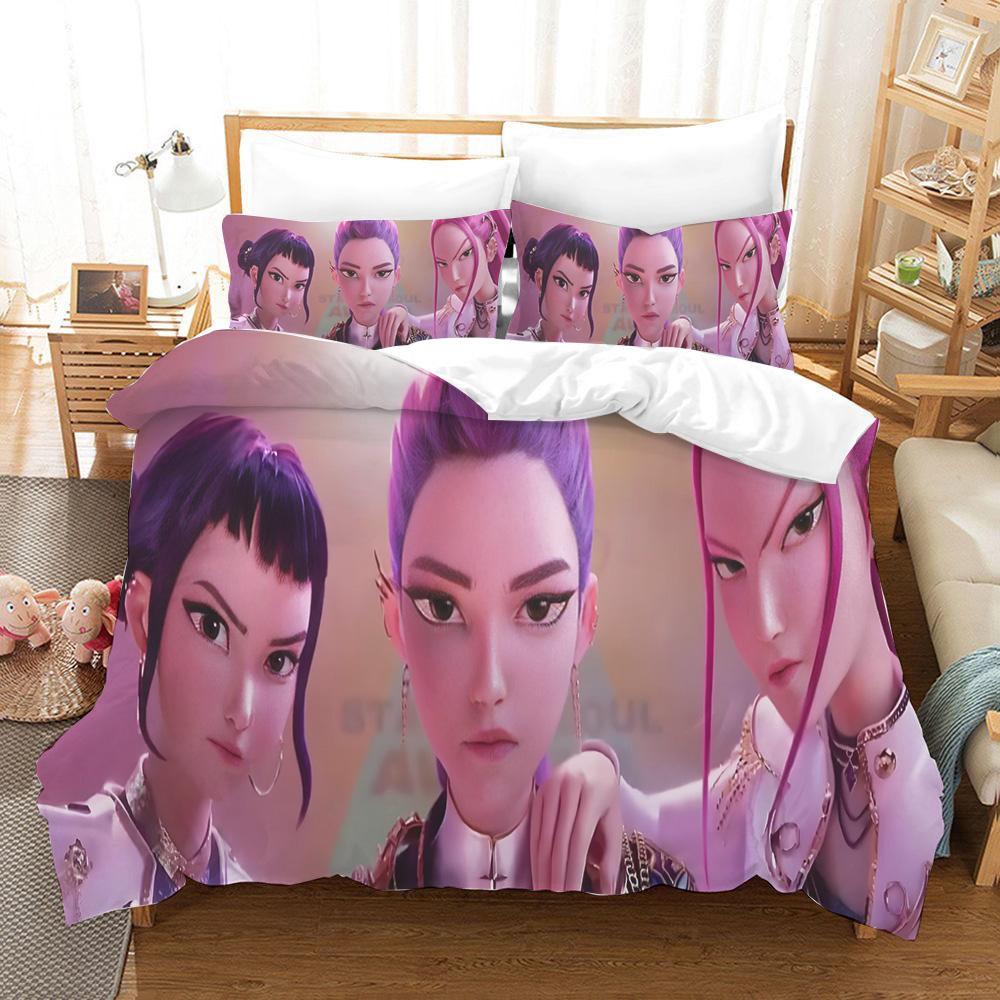 KPop Demon Hunters Zestaw Poszwy na Kołdrę Kreskówkowy Rumi Mira Zoey Zestaw Pościeli Poszewka na Poduszkę Rozmiar Twin Full Queen King