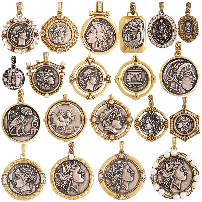 Antique Gold Bronze Beauty Portrait Knight Angel Goddess Coin Medallion Charm Pendant,Necklace Jewelry Accessories Supplies M64