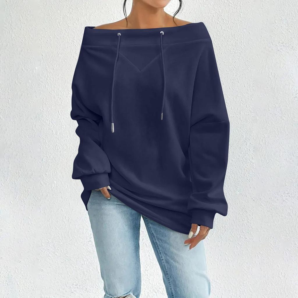 Women's Loose Casual Through Drawstring Off-the-shoulder Line Neck Top
