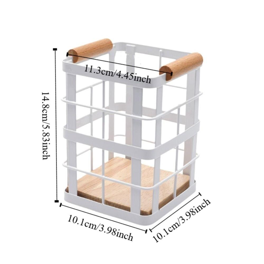 Square Iron Kitchen Storage Basket Wooden Base Hollow Chopstick Spoon Storage Box Anti-slip Decorative Dinnerware Storage Tube
