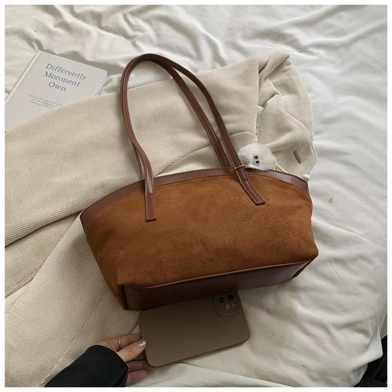 Monochromatic Faux Suede Shoulder Bag for Women Casual Bag Large Capacity Stitching Line Fashion