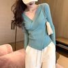 Women's V-Neck Irregular Knit Long Sleeve Sweater - Slimming Autumn Fashion Top