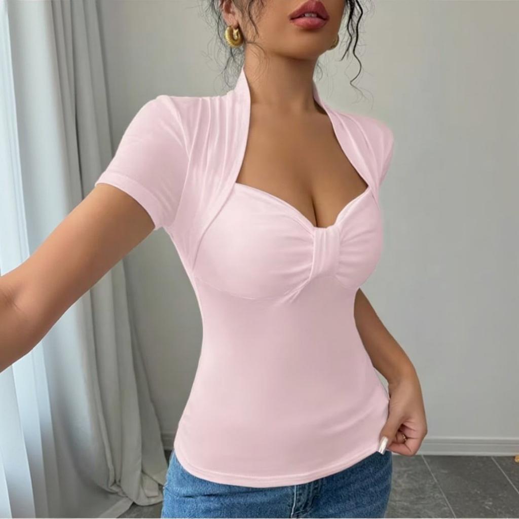 Camiseta de manga corta con cuello en V de color para mujer. Camiseta de capa base.