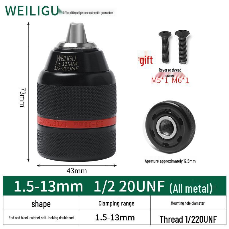 Self-Locking Ratchet Drill Chuck 1.5-13mm Quick-Change Adapter, 20/24UNF.