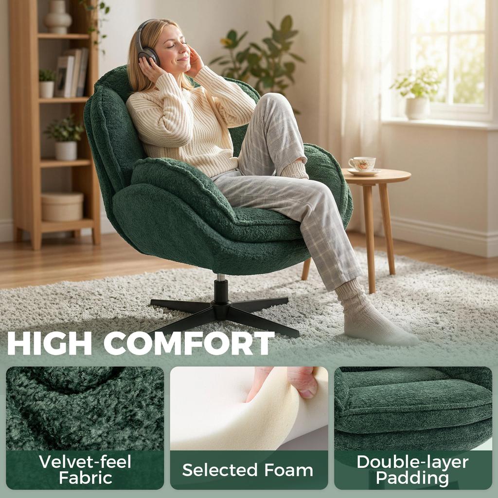Modern Wingback Accent Chair, Velvet Armchair with Four-Star Base, S-Springs, Swivel, Dark Green