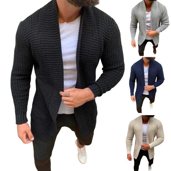Men Sweater Coat Solid Color Cardigan Long Sleeves Open Stitch Rough Surface Thick Elastic Knitting Business Spring Sweater Jacket for Daily Wear