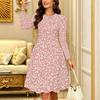 Women Long Sleeve Round Neck Midi Dress Abstract Geometric Diamond Floral Print Flared Casual Dress