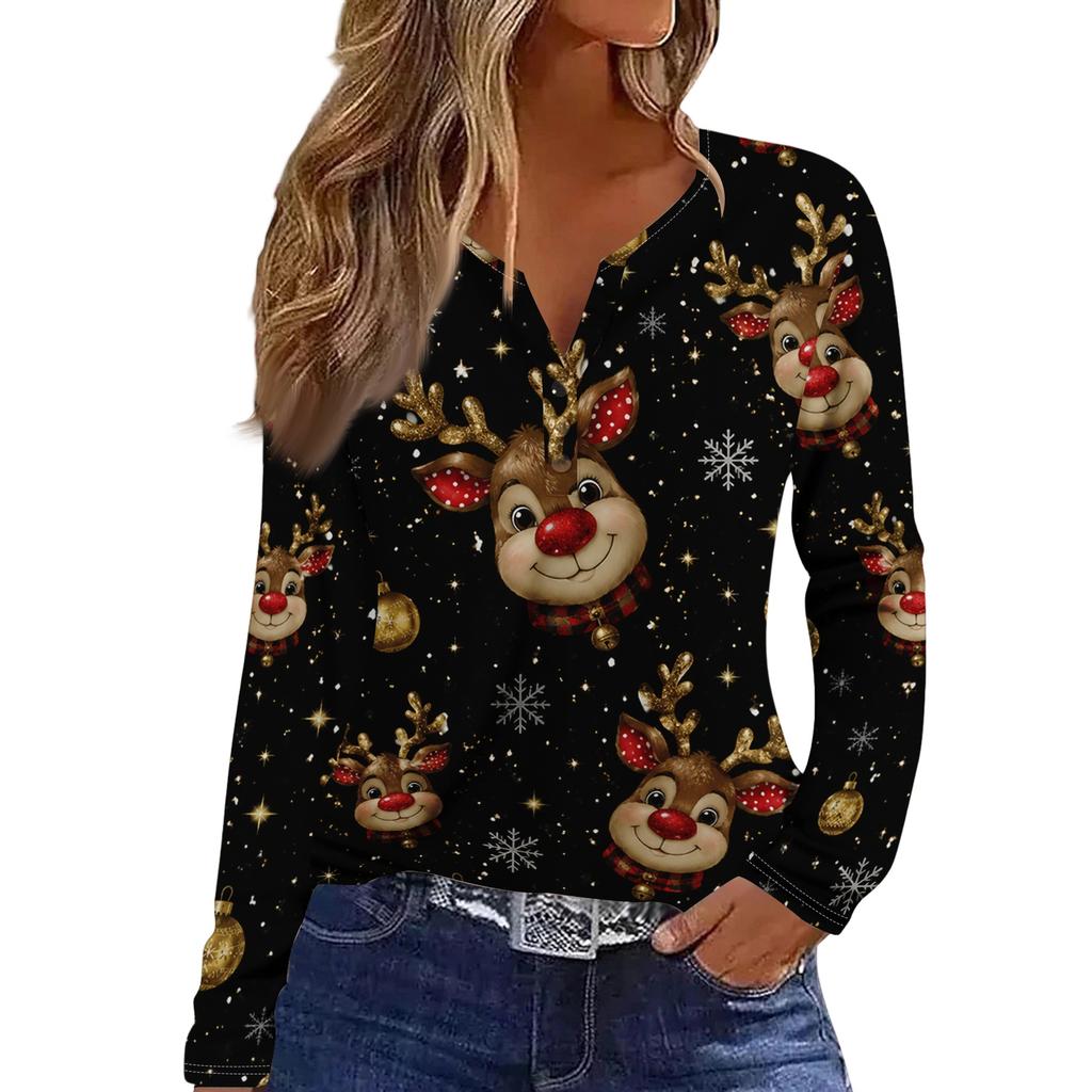 Women's Casual Christmas Print V-Neck Long Sleeve T-Shirt with Decorative Buttons