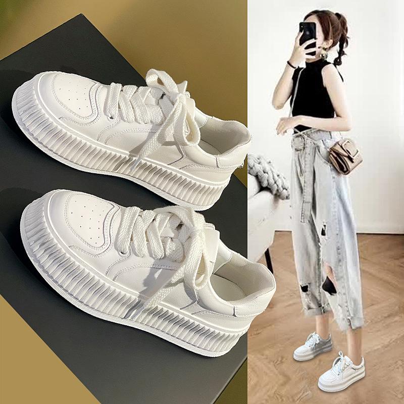 Leather Platform White Shoes Women's 2025 Spring New Casual Versatile Sports Board Shoes Heightening Shoes Children's Biscuit Shoes