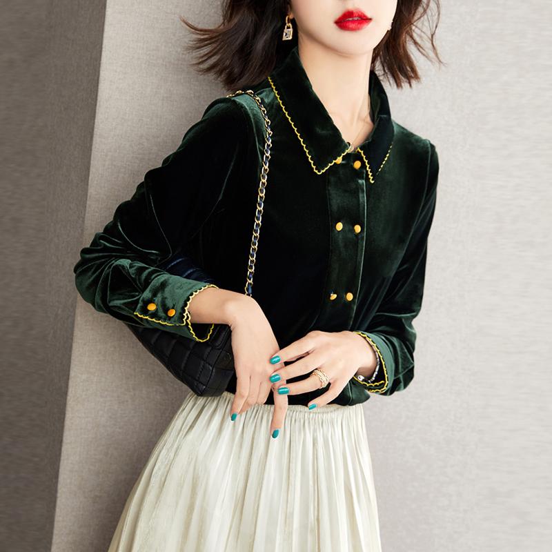 

Брендовая оригинальная женская двубортная блузка из золотого бархата с воротником Питер Пэн, коллекция осень 2025. Size XL зелёный