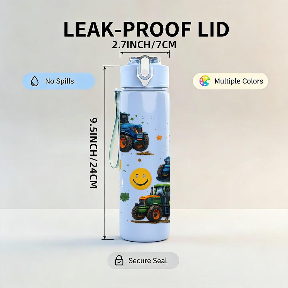 1PC Smiley Face Tractor Pattern 750ml Color Plastic Sports Water Bottle Leakproof Flip Straw Lid Suitable for Sports Office Home Use