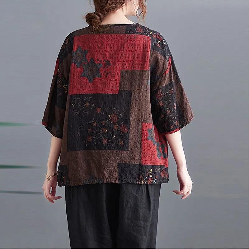 Women's Summer V-neck Thin Ethnic-style Color-blocked T-shirt, Loose-fitting Casual Short-sleeved Top for Middle-aged and Elderly Women