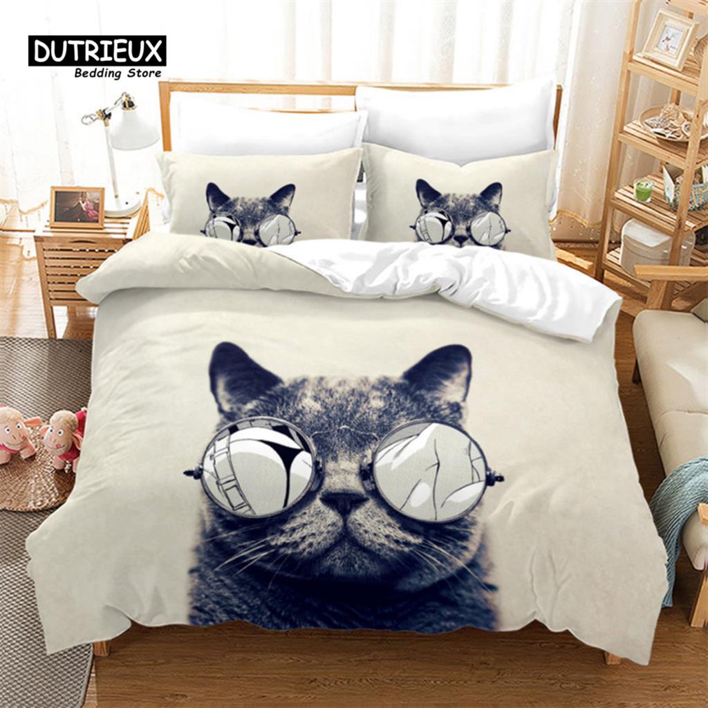 Cute Cartoon Cat Duvet Cover Funny Cats Bedding Set Microfiber Animals Comforter Cover With Pillowcases Twin Full For Kids Teen