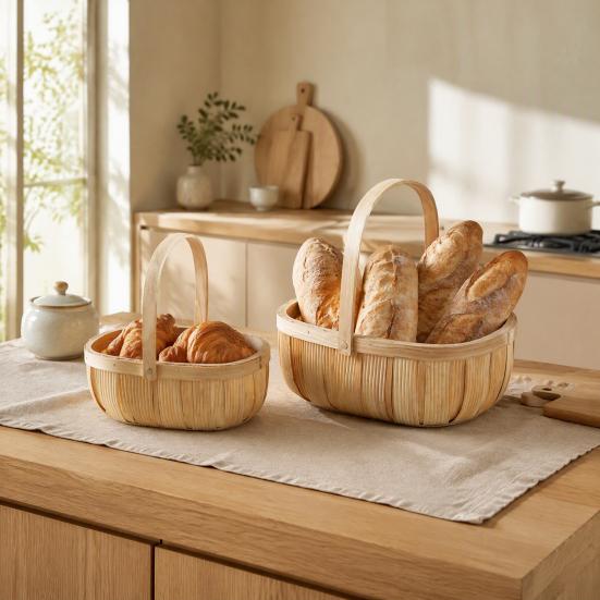 Reinforced Handle Organizer Handmade Woven Wood Storage Basket, Oval with Handle, Portable Food Serving Tray Large Capacity Bin for Kitchen