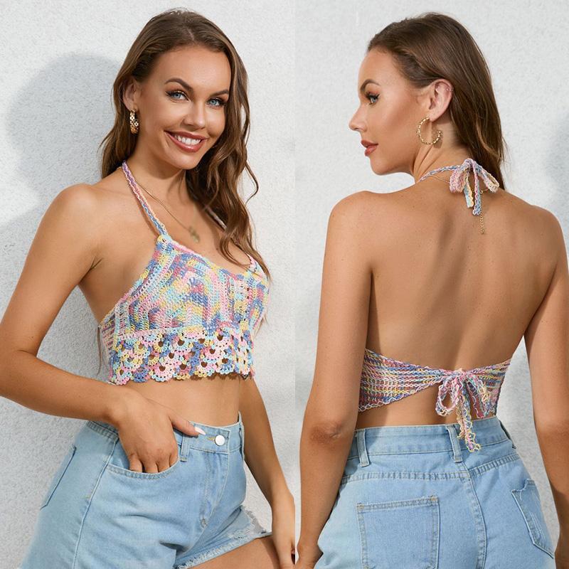 Fashion Bohemian Style Sexy Embroidery Hook Flower Top Colorful Knitted Sling Beach Bikini Bra