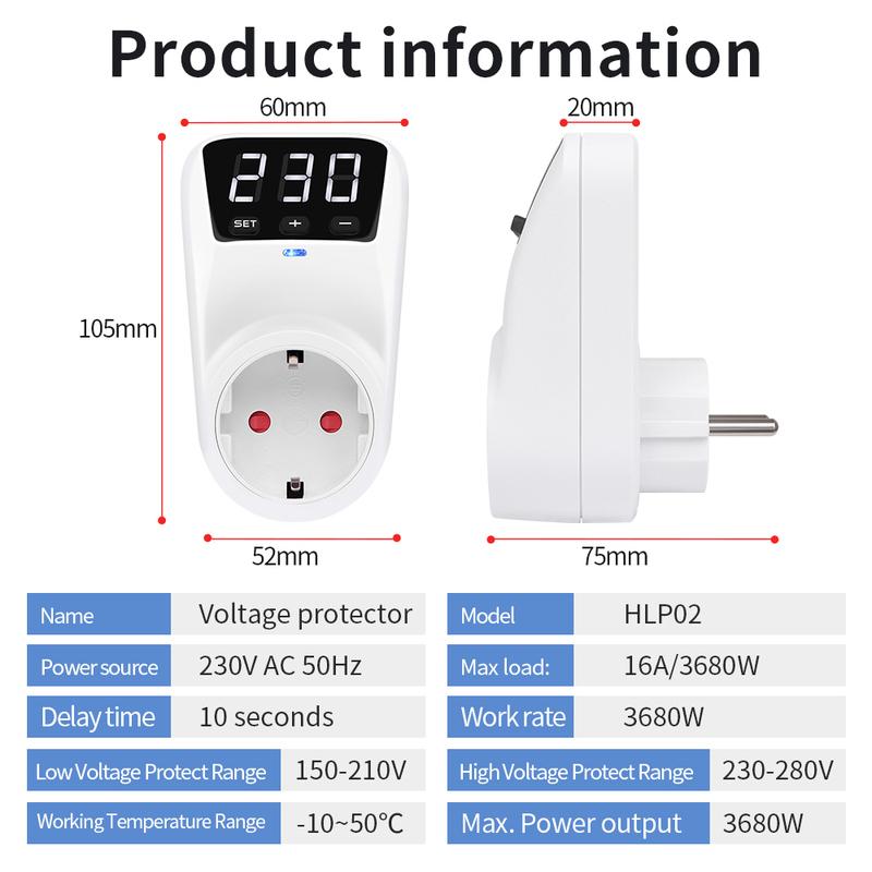 16A 230V Automatic Voltage Protector Switch Adjustable Power Surge Protection EU Socket Type Volt Safe For Home Appliances