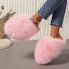 Winter Solid Color Fluffy Big Fur Slippers  Korean Style Faux Fur Slippers with Non-Slip Rubber Sole