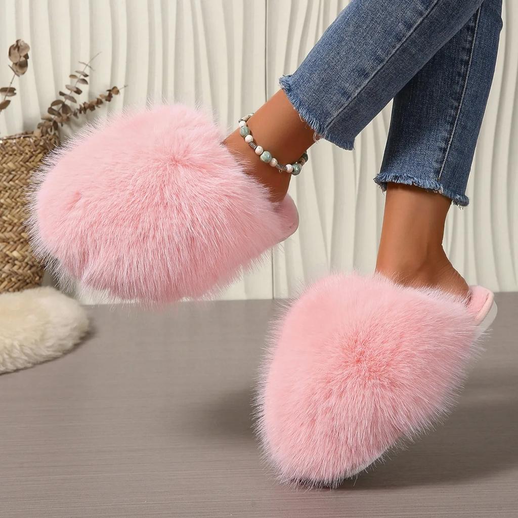 Winter Solid Color Fluffy Big Fur Slippers  Korean Style Faux Fur Slippers with Non-Slip Rubber Sole