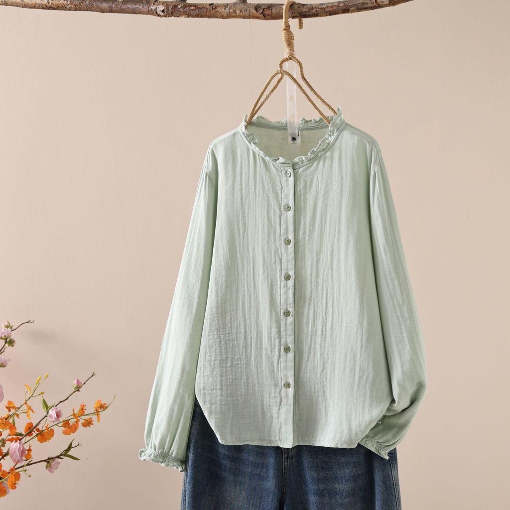 Japanese Style Women's Long Sleeve Lace Collar Shirt: Double Layer Cotton Gauze Loose Blouse