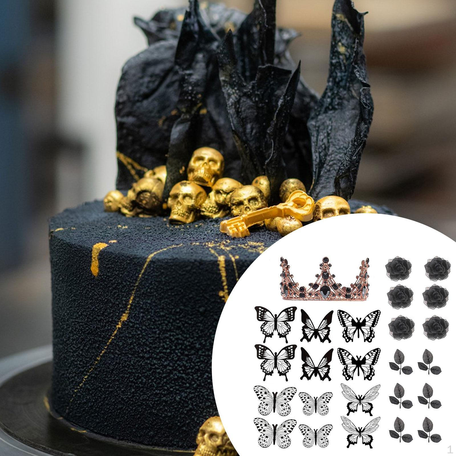 

25 Pieces Halloween Flower Cake Topper Crown Black Rose Butterfly Toppers for Friends and
