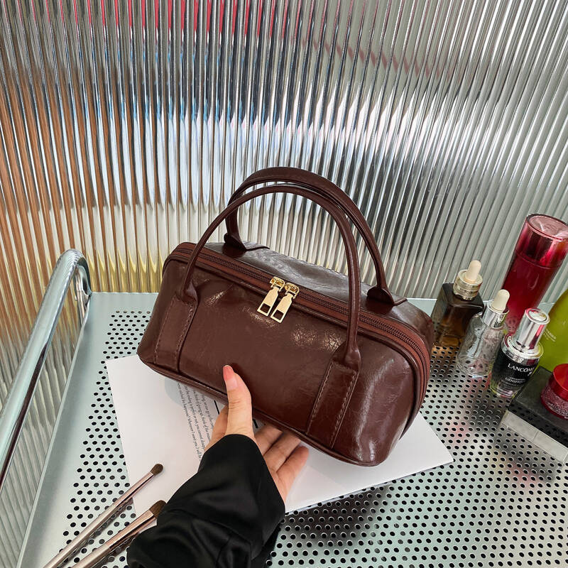 Retro Leather Portable Makeup Case Zipper Multiple Compartments Travel Skincare Toiletries Storage Organizer Bag Handbag Fashi