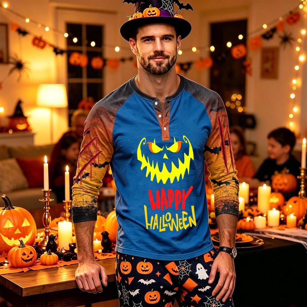 Men's Long Sleeve Shirt with Halloween Print for Holiday Parties and Casual Wear