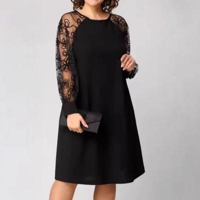 Rochie Europeană de Modă 2025, Patchwork, Dantelă, Mânecă Lungă, Gât Rotund
