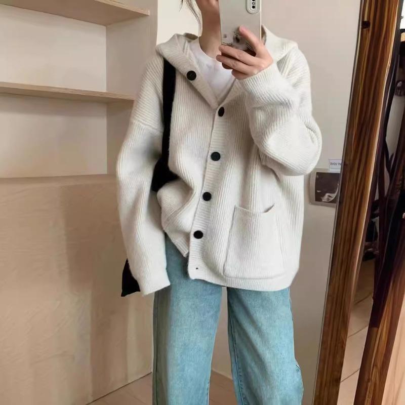 Hooded autumn and winter new single-breasted knitted cardigan fashionable versatile loose casual warm sweater jacket women