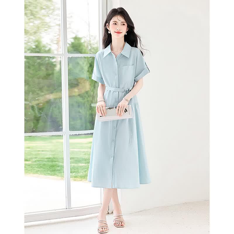 Elegant Lapel Short Sleeve Midi Dress XL