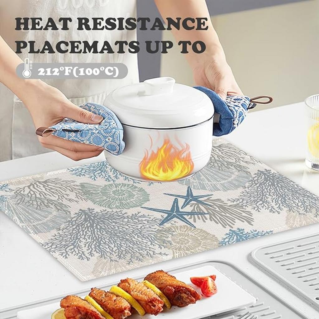 4KS Prostírání Oceán Korál Zelené Letní Korálový Útes Lněné Stolní Podložky Námořní Moře Mořské Mořské Řasy Žáruvzdorné Prostírání pro Stolování Kuchyň 32x45cm