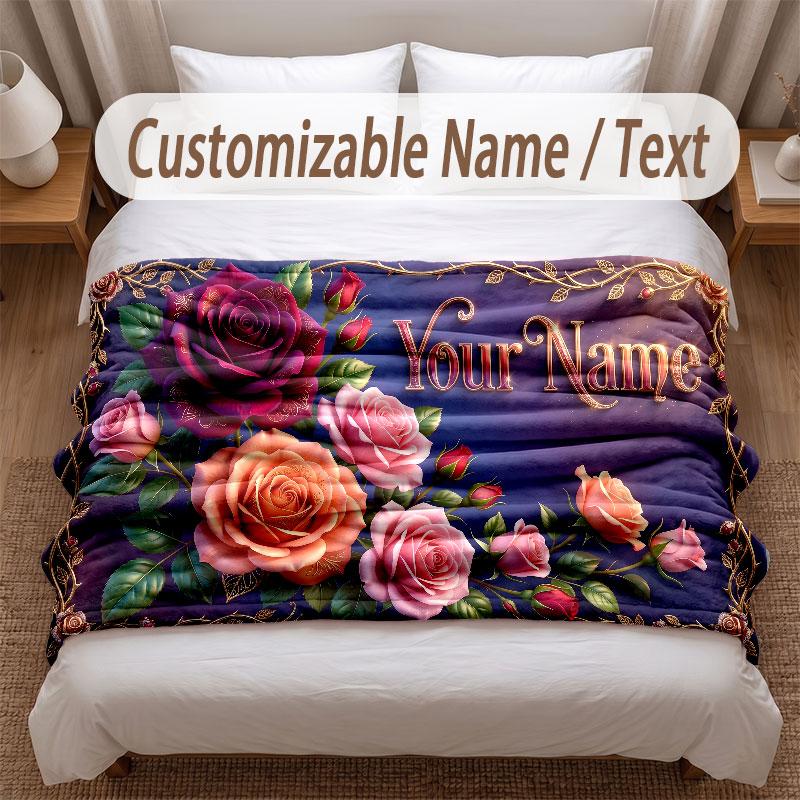 Floral Garden Theme Soft Blanket Personalized Custom Name Text Print Warm Blanket Home Sofa Bedroom Decor