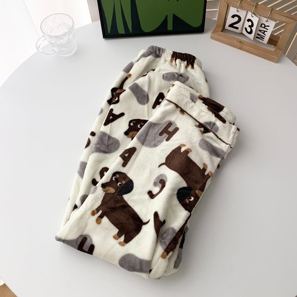 Fall Winter Women's Pajamas Cute Dachshund Print Fleece Thick Two Pieces Set Nightgown Lounge Long Sleeve Pants