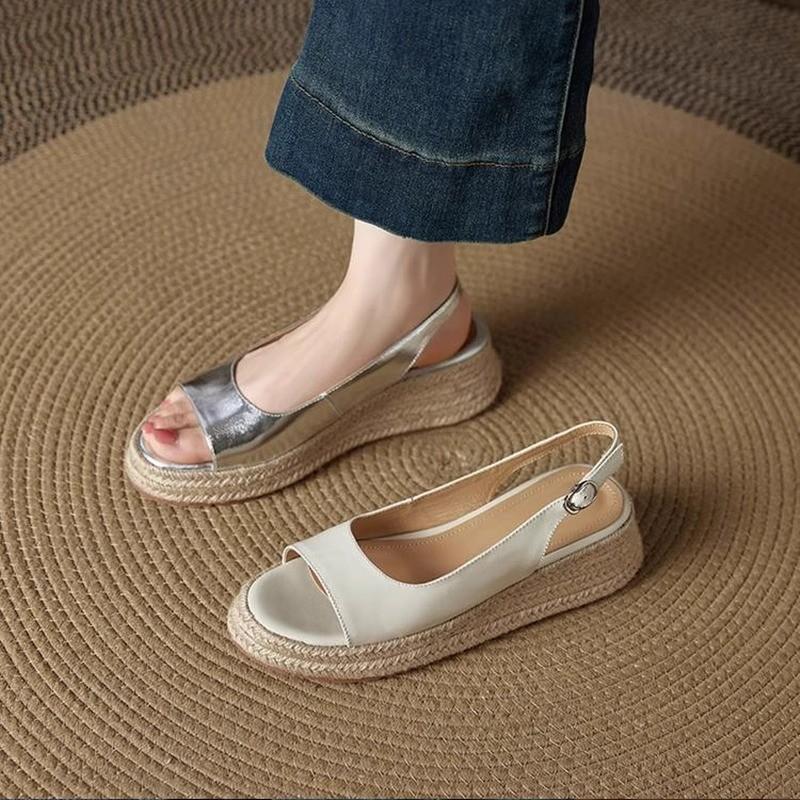 Korean version of fashion soft leather open-toed sandals women's simple versatile comfortable weave heel casual French temperament sandals women