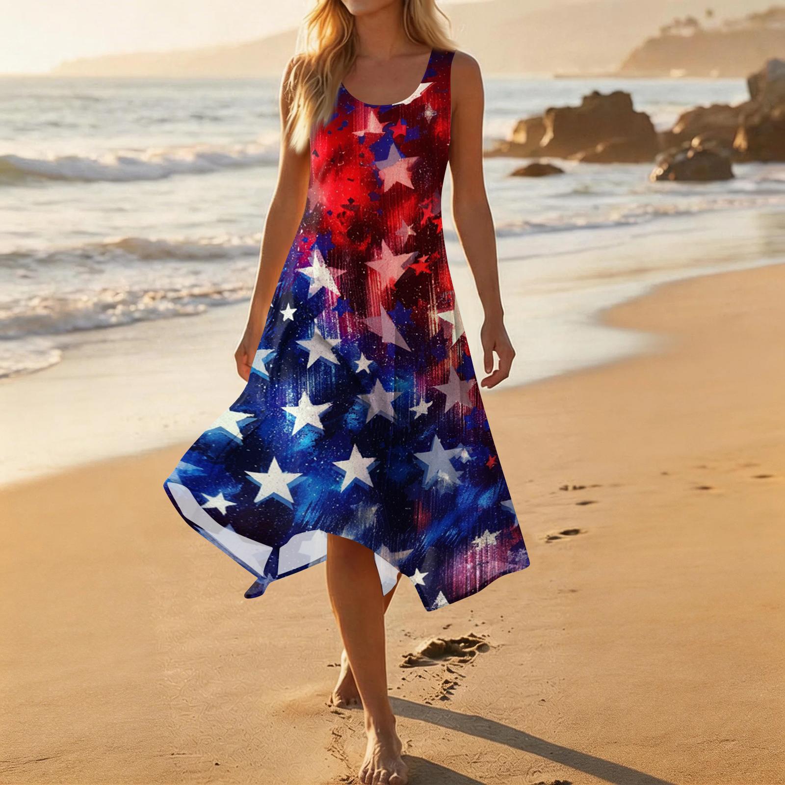 

Independence Day Dress Sleeveless Tank Style Independence Day Dress with Flag and Butterfly Print Casual Independence Day Dress for Women L чёрный