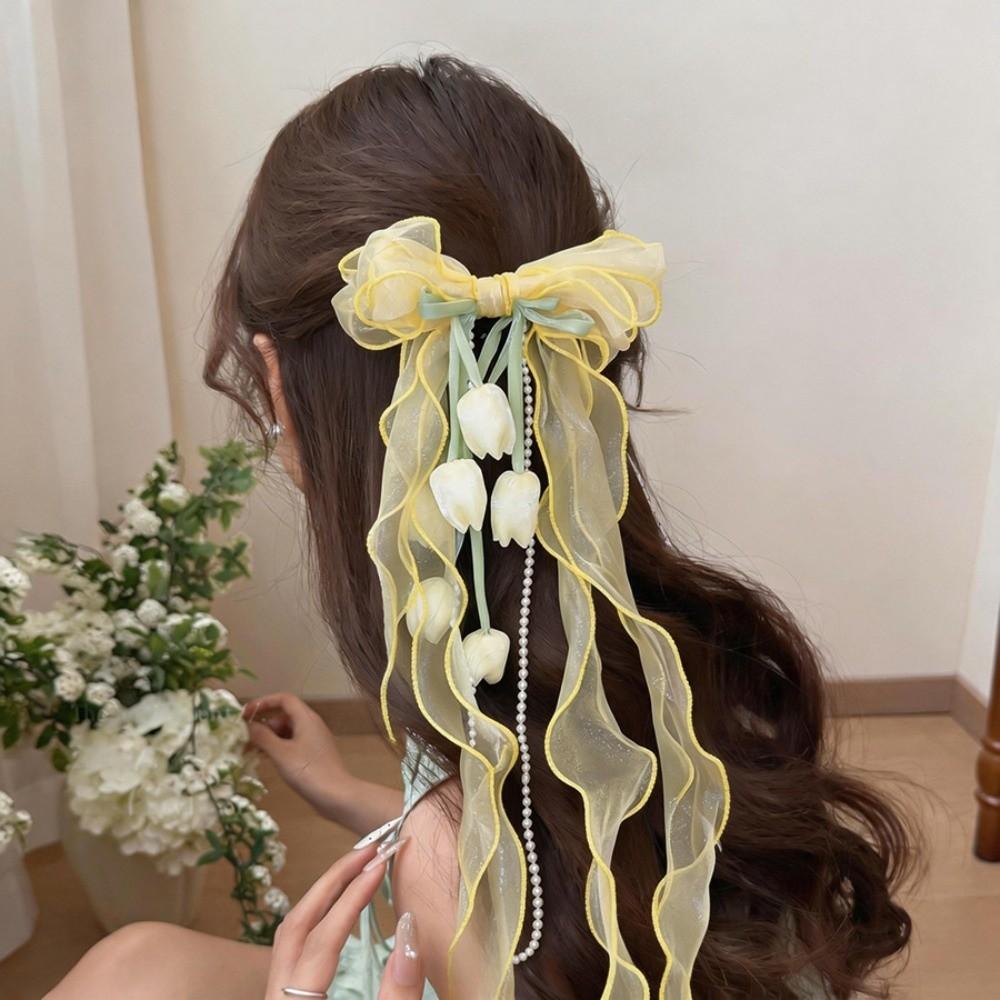 Pendant Tassel Muguet Flower Hairpin Mesh Ribbon Organza Bowknot Barrette Bridesmaids