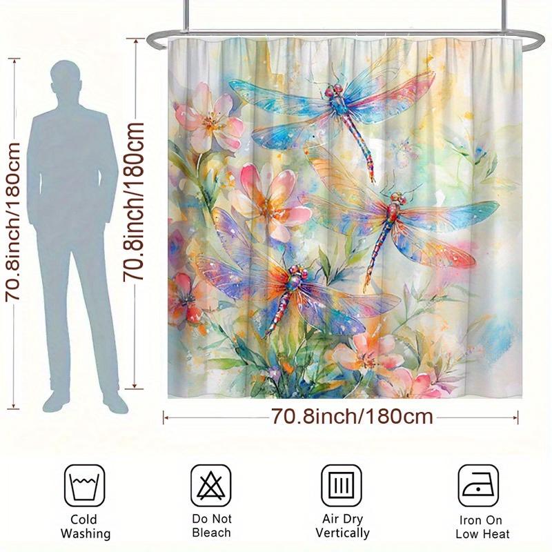 Dragonflies Garden Shower Curtain - Watercolor, Pink & Orange Flowers, Washable Polyester, 12 Hooks, 70.8X70.8 Inches