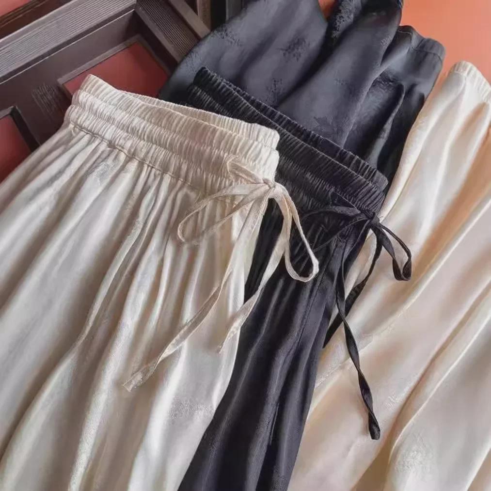 Pantaloni de damă cu talie înaltă, din jacard satinat, cu picior larg - Stil chinezesc nou (Design 2025)