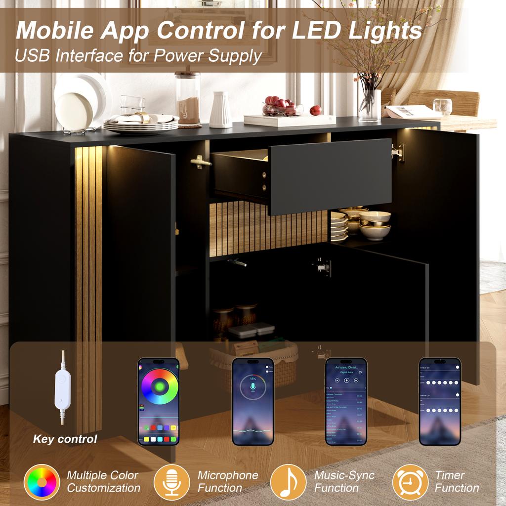 Sideboard/chest of Drawers, with 3 Doors, 1 Drawer and Adjustable LED Lighting – In Black with Natural Wood Grain, 140×40×82cm