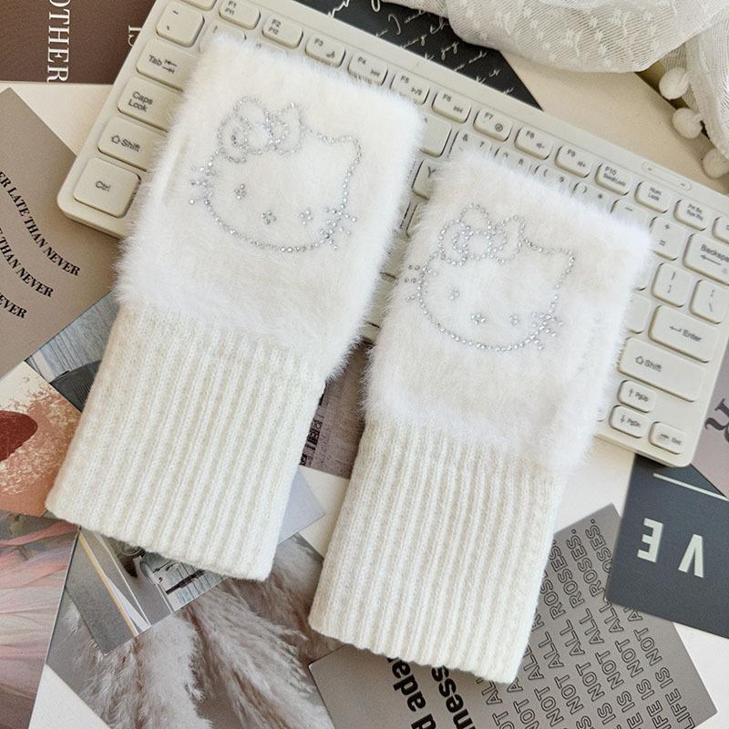 

Милые плюшевые перчатки без пальцев Hello Kitty Зимние аниме Каваий Бантик Мягкие Утепленные Защита от холода Студенческие перчатки