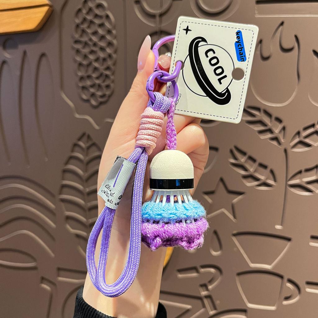 Cute Crochet Badminton Keychain, Handmade Shuttlecock Bag Charm with Braided Rope Clip