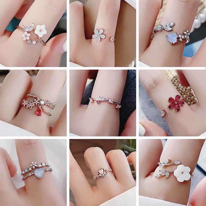 2026 New Fashion Crystal Zircon Rings Sweet Flower Leaf Butterfly Adjustable Open Rings Female Wedding Engagement Jewelry Gift