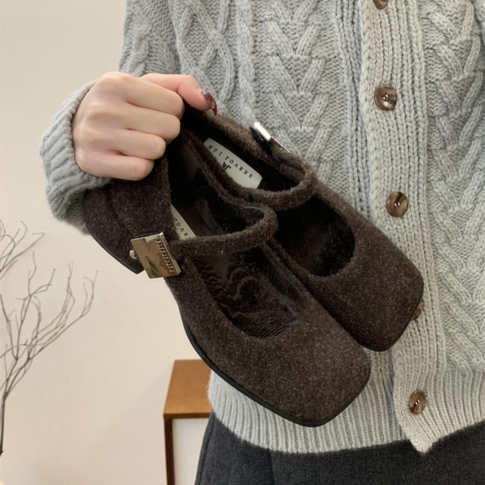 Mary Jane Mao Mao Buty Damskie Zimowe Okrycia Wierzchnie Nowe Francuskie Retro Wełniane Buty na Grubej Podstawie Damskie Z Podszewką z Polarowego Materiału Szpilki