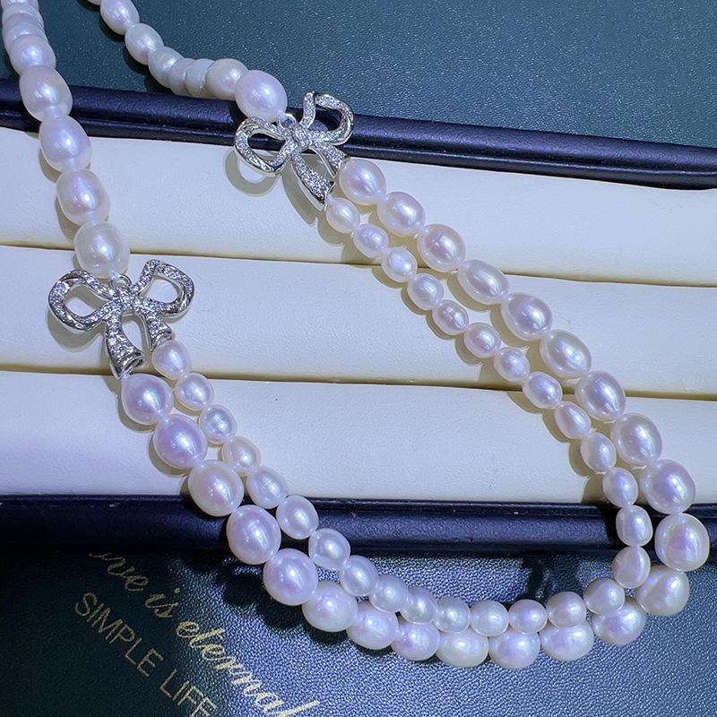 Elegant Bow Pearl and Diamond Necklace for Women