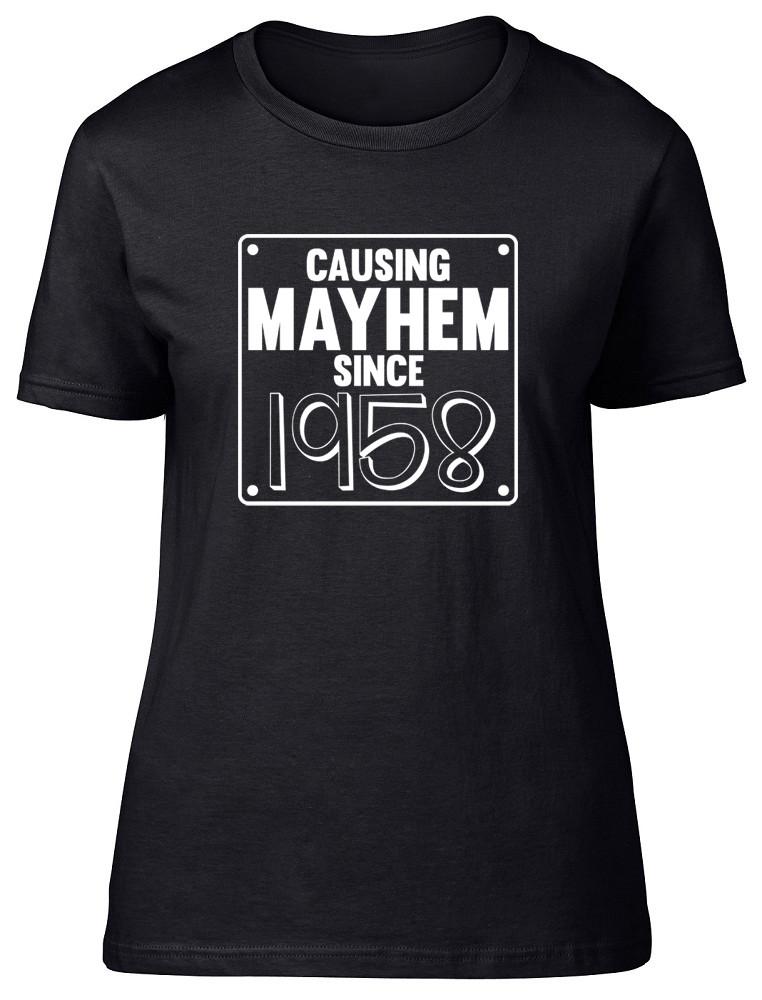 Womens Ladies Causing Mayhem since 1958 Birthday Fitted T-Shirt S